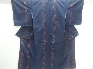 変わり縞に花模様織出し手織り紬着物